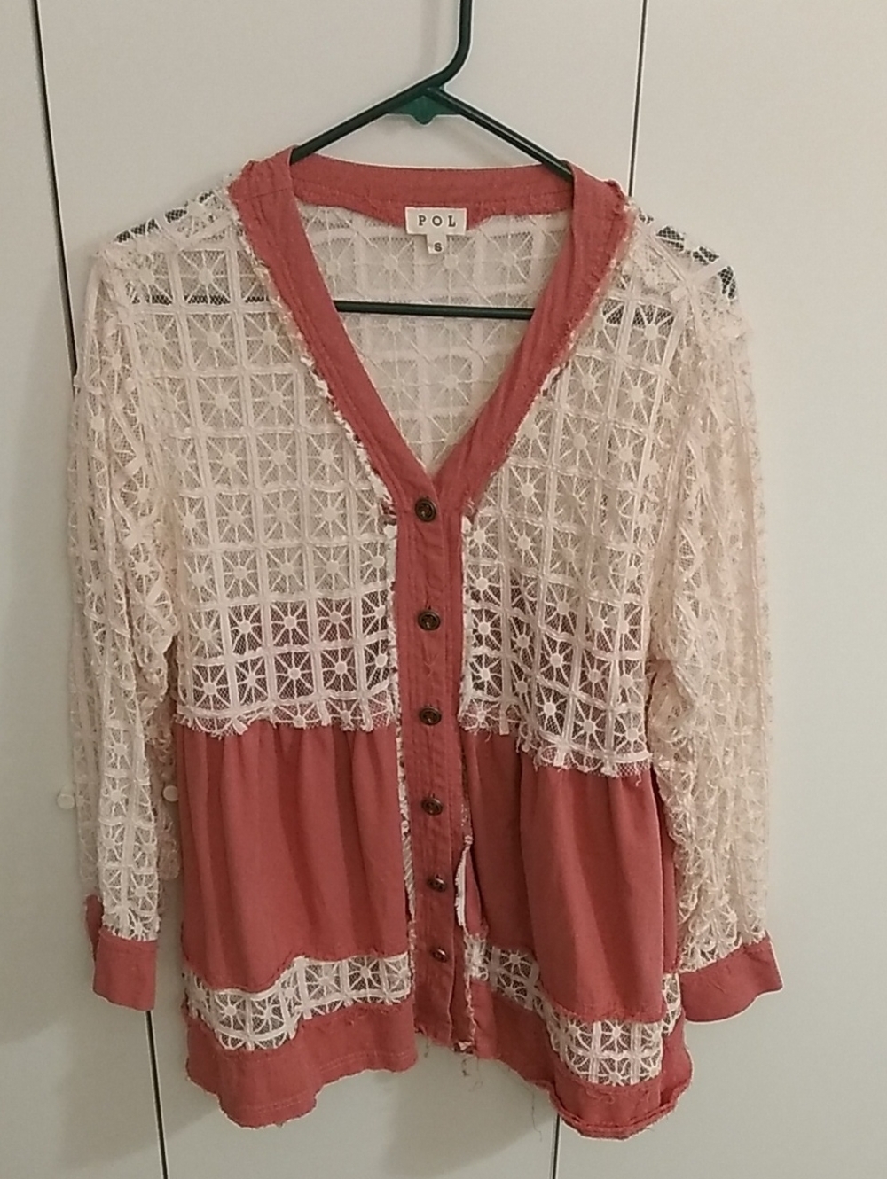 POL Salmon Pink and Cream Lace Button-Front Women's Shirt